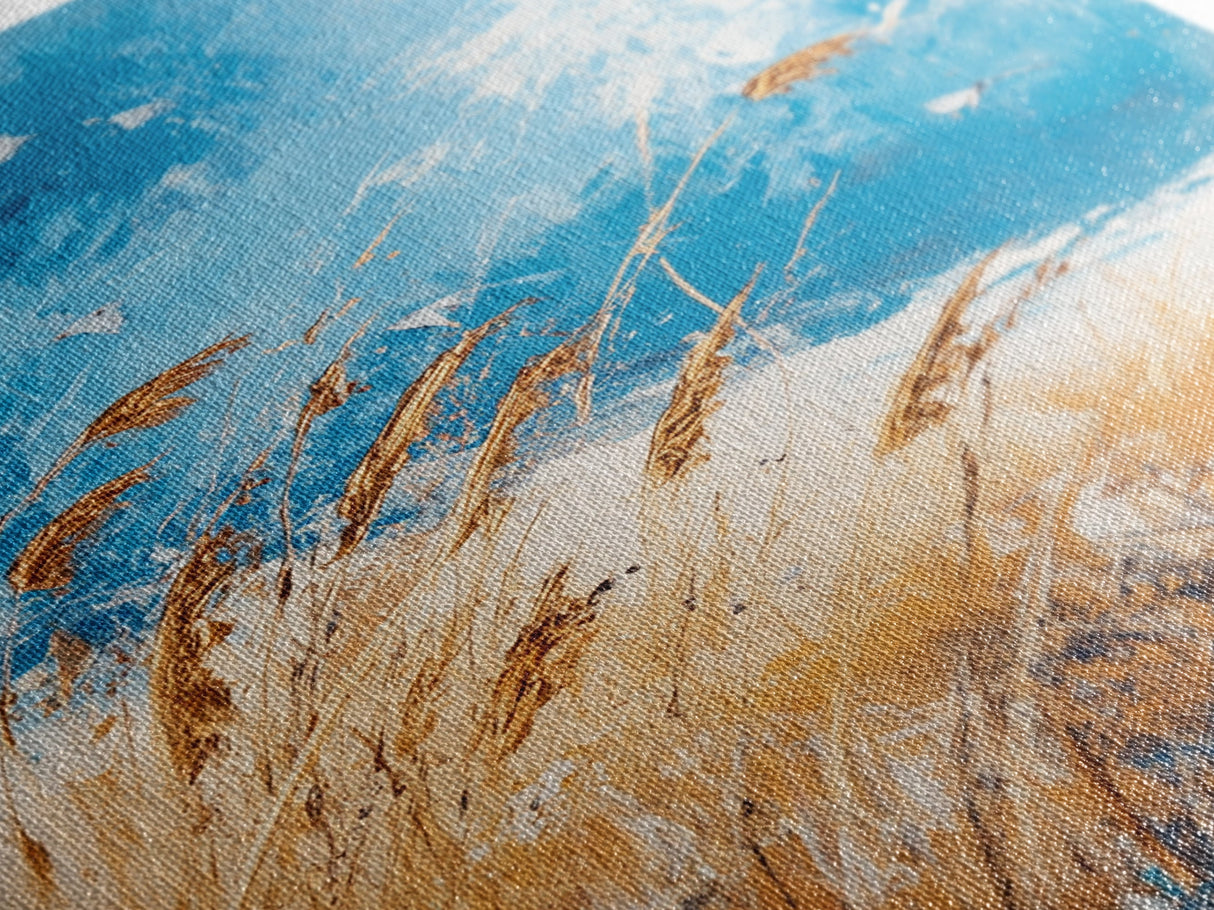 Wheat Field, blue sky, golden harvest, windy landscape, nature wall art, rustic decor, framed canvas print, farmhouse wall art