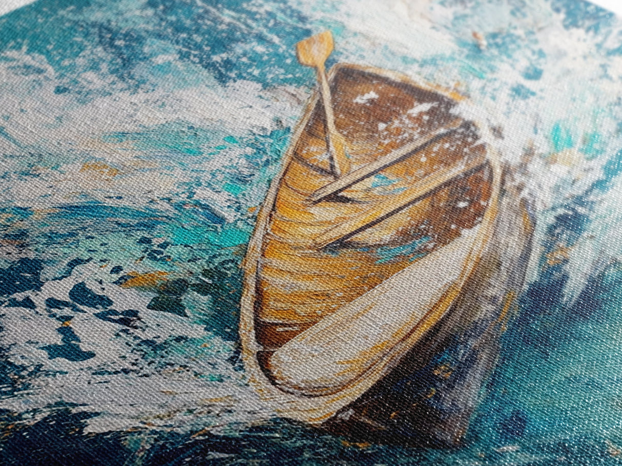 Wooden Boat in Waves, nautical painting, coastal decor, ocean waves art, seascape painting, framed canvas print, living room art, rustic art