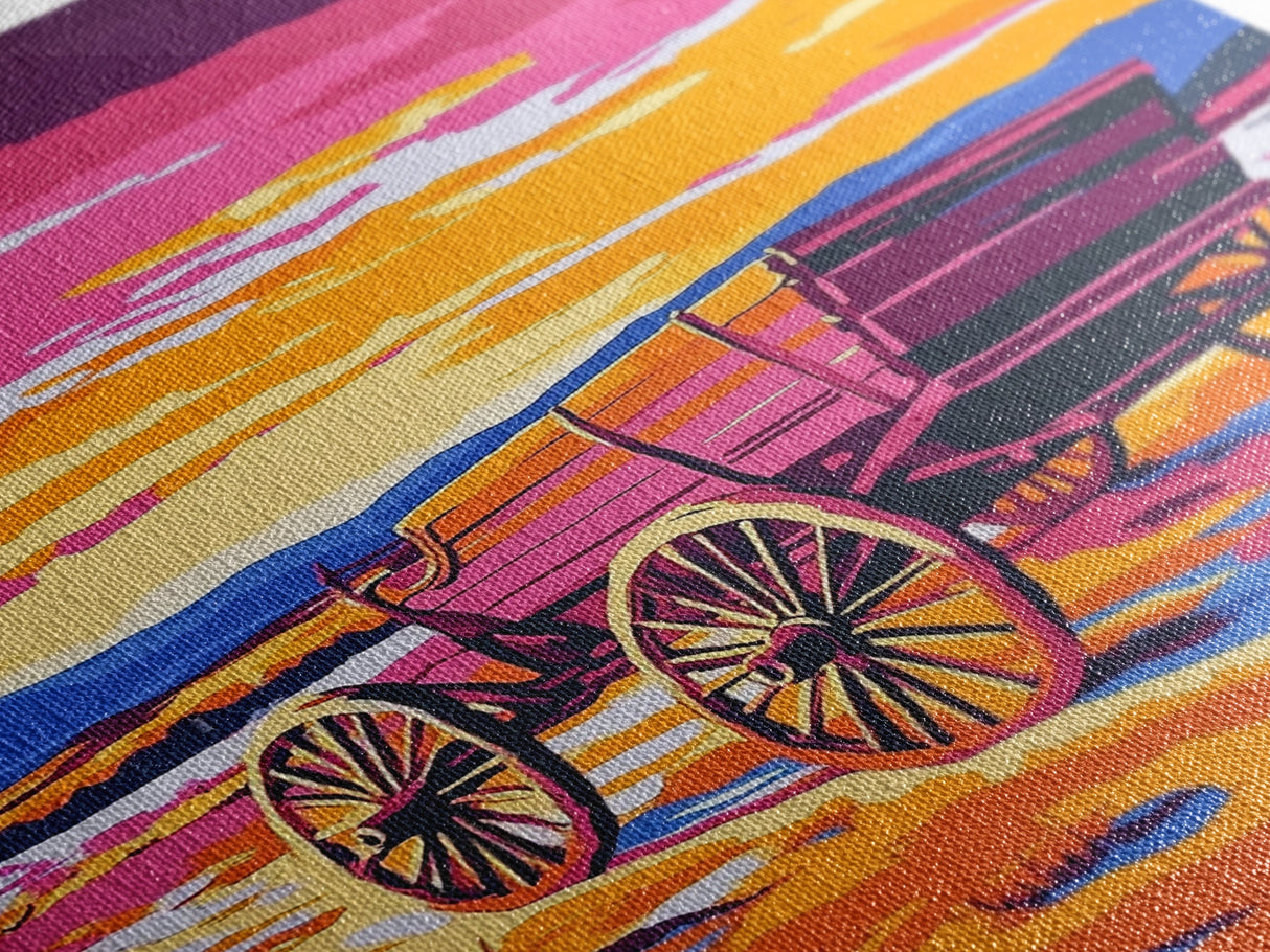 Sunset Wagon Art, pink orange wall art, Joshua tree art, rustic wall art, warm tones painting, framed canvas print, gift idea, extra wide art