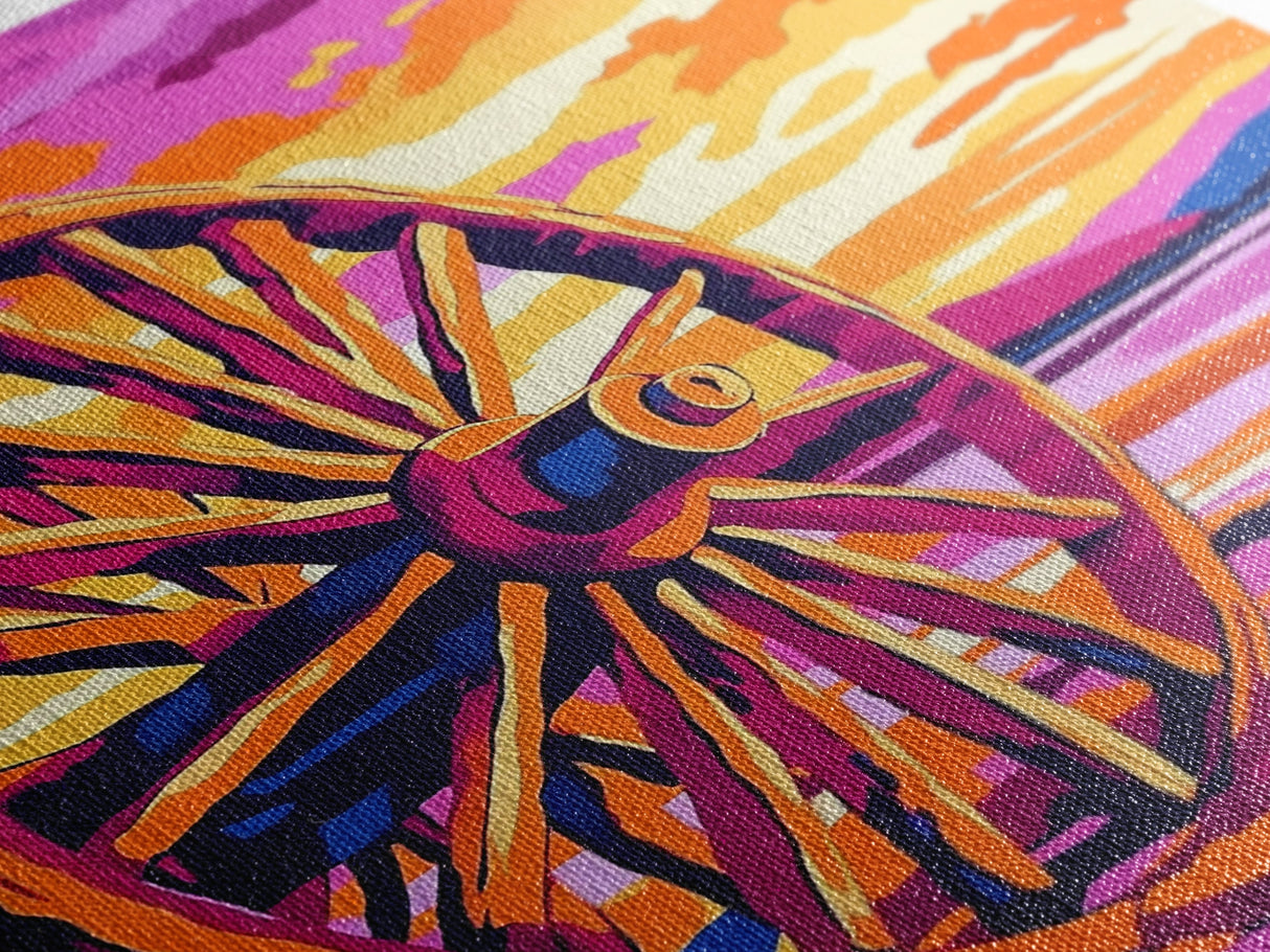 Sunset Wagon Wheel, Bold Color Painting, Southwest Wall Art, Framed Canvas Print, Rustic Decor, Western Aesthetic, Extra Wide Art, Gift Idea