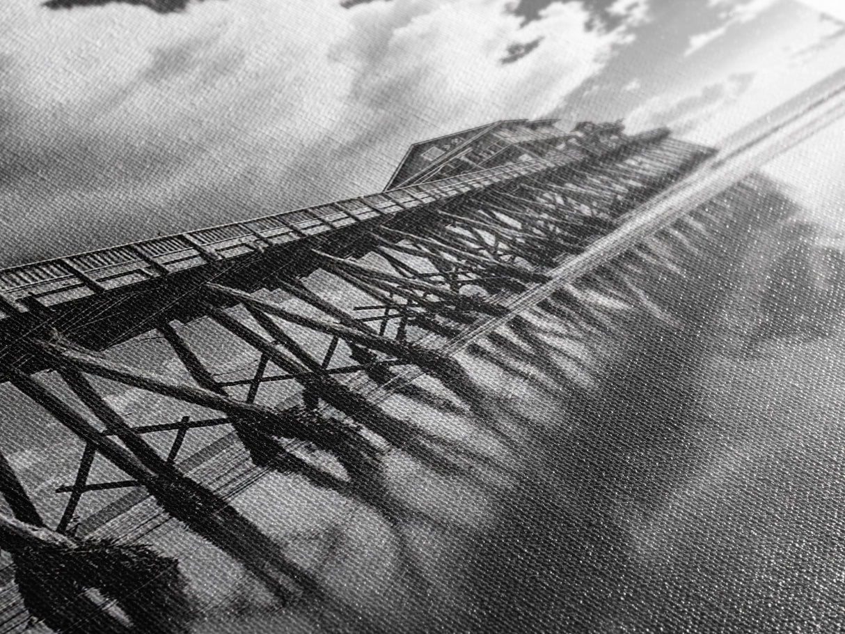 Pier reflection, seascape painting, nautical decor, rustic wall art, black and white photography, extra wide art, framed canvas print