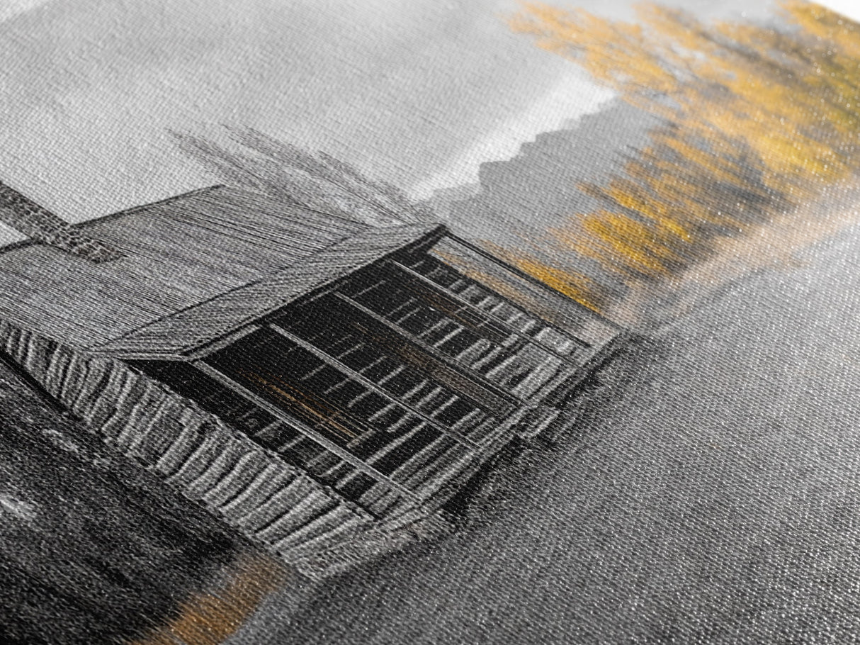Log Cabin, Fall Art, Rustic Wall Art, Farmhouse Art, Cozy Cabin Art, Landscape Painting, Wabi Sabi Art, Above Couch Art, Framed Canvas Print
