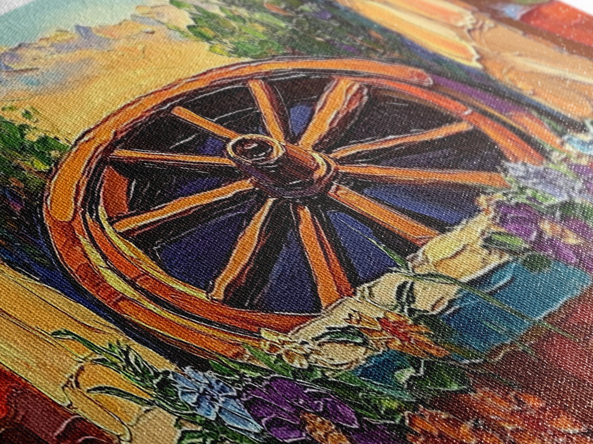 Rustic Wagon Wheel, farmhouse art, southwest wall art, wildflower painting, boho art, extra wide art, framed canvas print, landscape painting