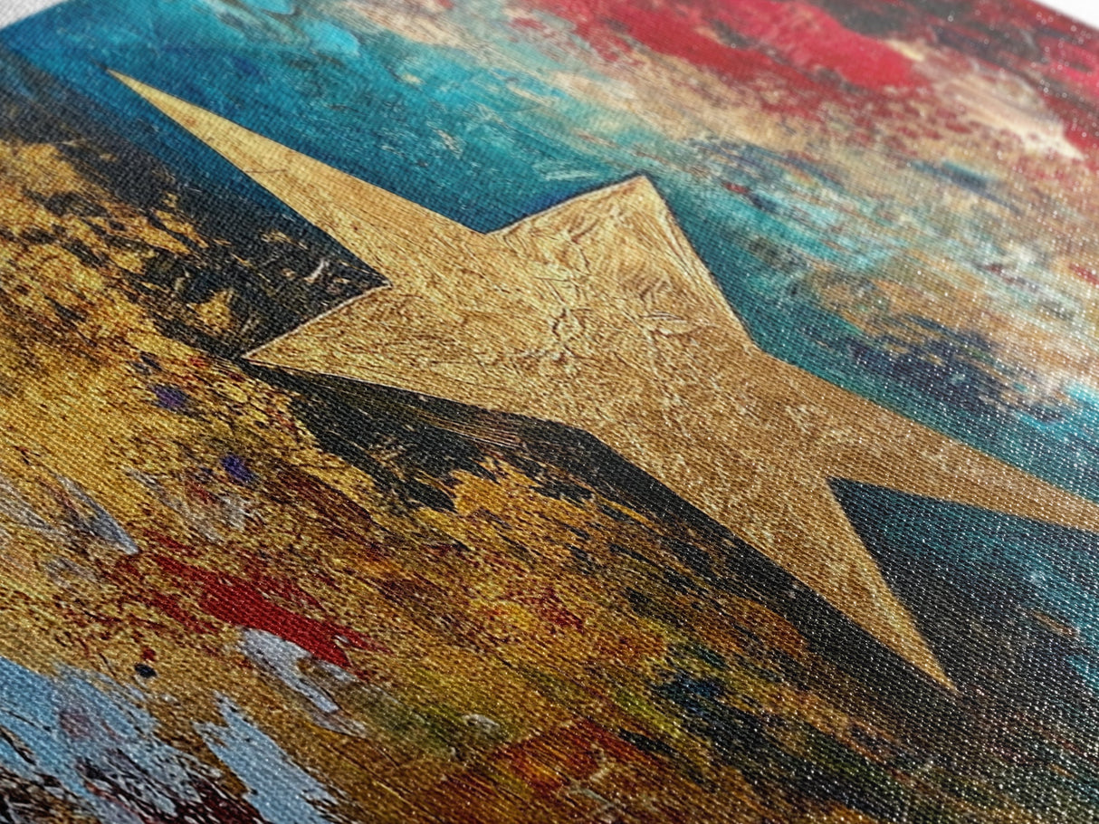 Golden Star, abstract art, bold colors, textured wall art, framed canvas print, mosaic wall art, extra wide art, above couch art