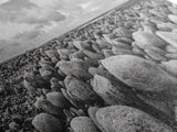 Rocky terrain, minimalist art, wabi sabi art, panoramic art, extra wide art, landscape painting, framed canvas print, moody art, rustic decor