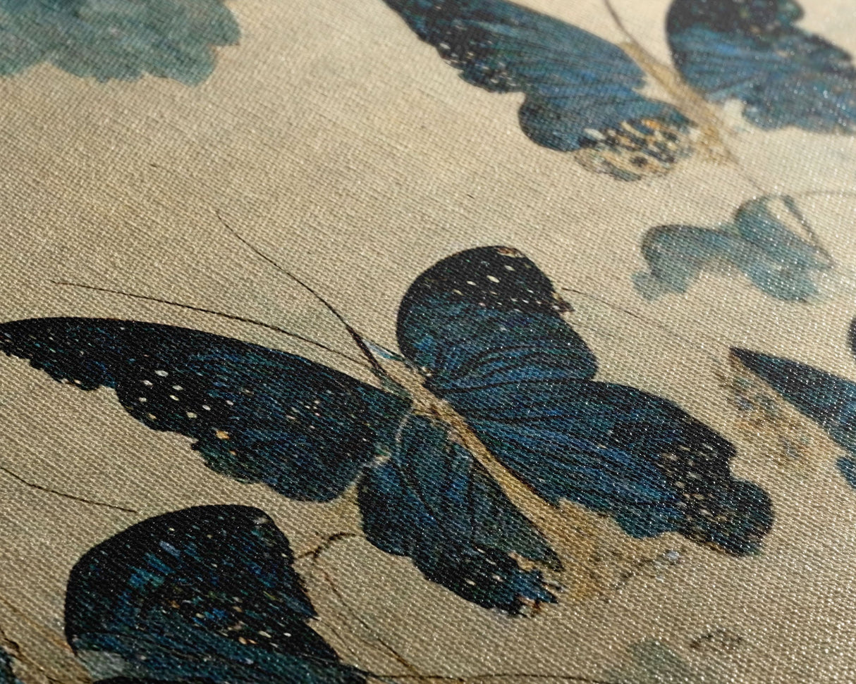 Retro Japanese Style Butterflies Wall Art, Framed Canvas Print, Framed Wall Art, Blue butterfly Art