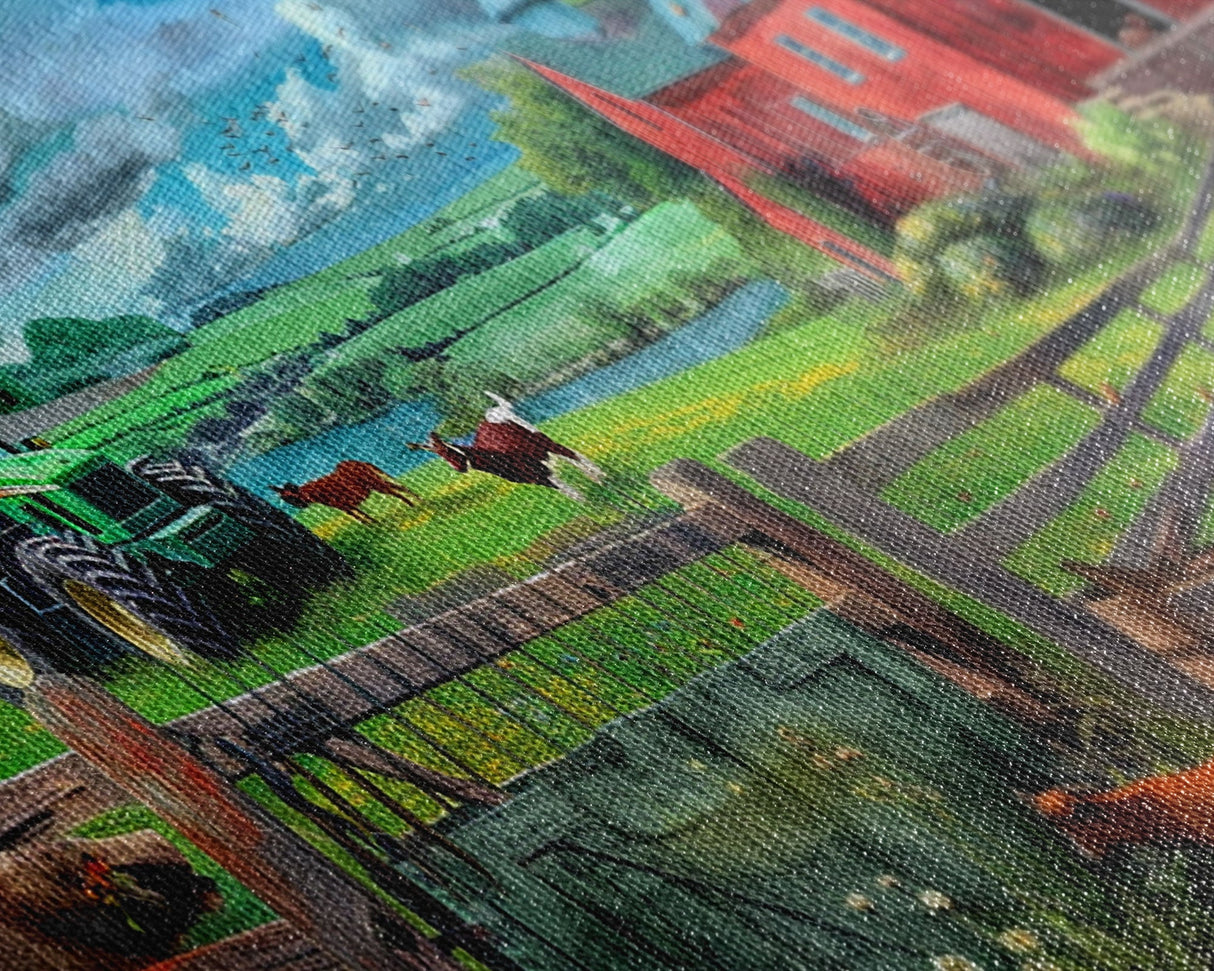 Green Tractor and Red Barn with Farm Animals, Vibrant Rural Art, Framed Canvas Print, Country Wall Decor, Living Room Decoration