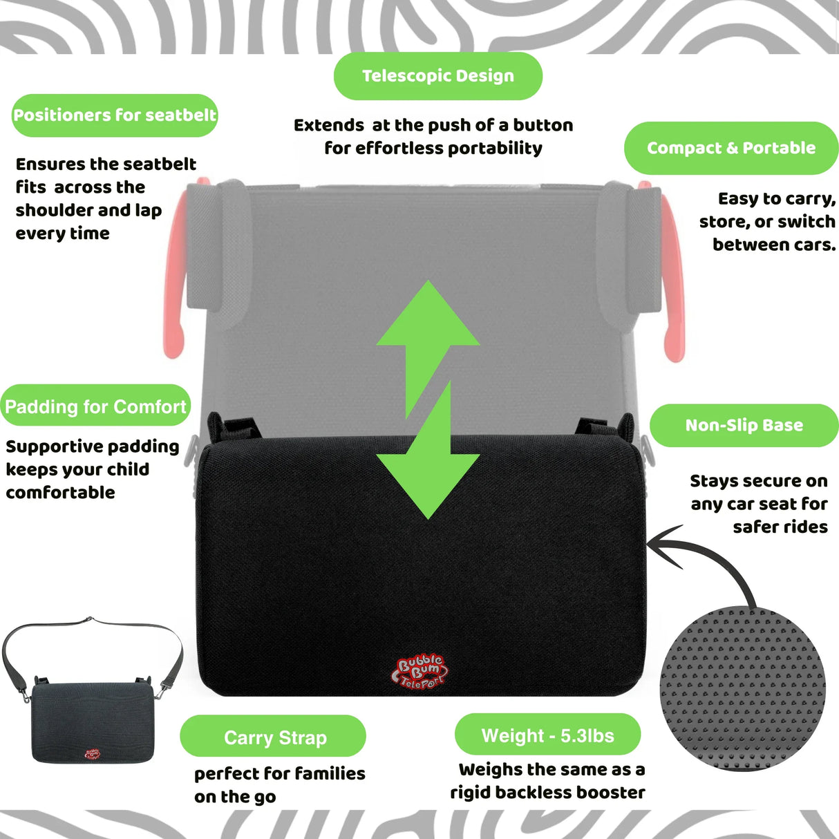 BubbleBum Teleport Backless Booster Car Seat, Kids Booster Seat for Car 40-100 lbs, Telescopic Portable Carseat, Ideal for Everyday Use and Foldable for Travel, - Black✔️