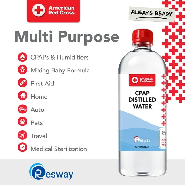 Resway CPAP Distilled Water bottle with icons showing multi-purpose uses: CPAPs and humidifiers, mixing baby formula, first aid, home, auto, pets, travel, and medical sterilization. Photo shows Resway’s 16.9 oz bottle; Traveling Bags sells the 12 oz size shown on this listing.