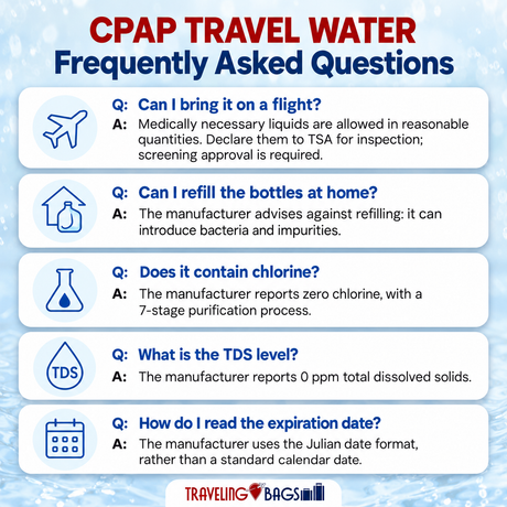 CPAP Travel Water frequently asked questions: flying with it, refilling bottles, chlorine content, TDS level, and reading the expiration date, from Traveling Bags.