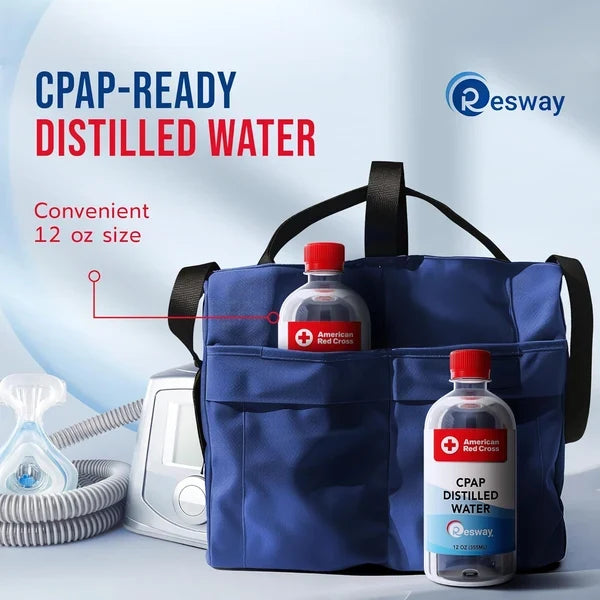 Resway American Red Cross CPAP Distilled Water 12 oz bottles next to a CPAP travel bag and CPAP mask, showing the convenient 12 oz travel size.