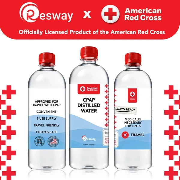 Three Resway CPAP Distilled Water bottles officially licensed by the American Red Cross, labeled approved for travel with CPAP, convenient, travel-friendly, clean and safe, BPA-free, and medically necessary for CPAPs.