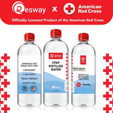 Three Resway CPAP Distilled Water bottles officially licensed by the American Red Cross, labeled approved for travel with CPAP, convenient, travel-friendly, clean and safe, BPA-free, and medically necessary for CPAPs.