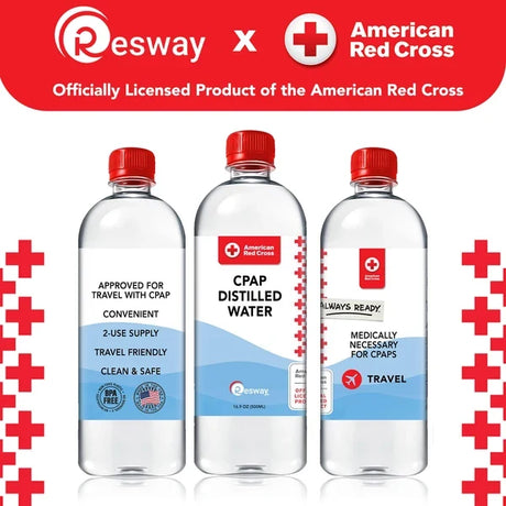 Three Resway CPAP Distilled Water bottles officially licensed by the American Red Cross, labeled approved for travel with CPAP, convenient, travel-friendly, clean and safe, BPA-free, and medically necessary for CPAPs.