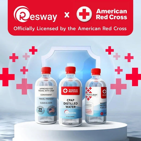 Three Resway CPAP Distilled Water bottles including the 12 oz (355 mL) size, officially licensed by the American Red Cross, labeled approved for travel and medically necessary for CPAPs.