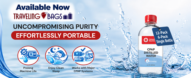 Resway American Red Cross CPAP Distilled Water 12 oz bottle with a tag reading 12-Pack, 6-Pack, Single Bottle — available now at Traveling Bags in New Berlin, Wisconsin.