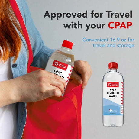 A traveler packing a Resway CPAP Distilled Water bottle into a red travel bag, with text reading Approved for Travel with your CPAP. Photo shows Resway’s 16.9 oz bottle; Traveling Bags sells the 12 oz size shown on this listing.