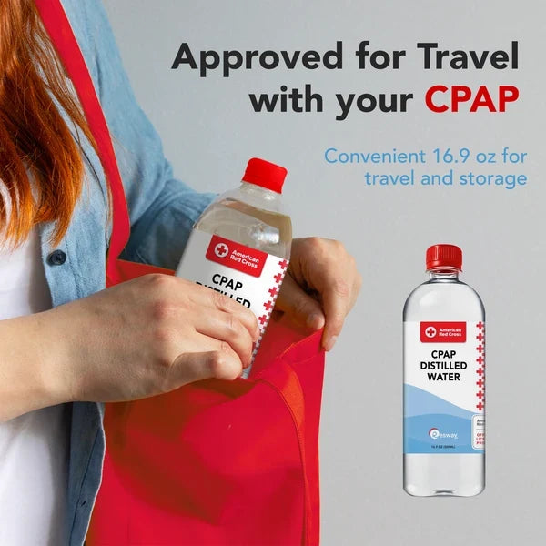 A traveler packing a Resway CPAP Distilled Water bottle into a red travel bag, with text reading Approved for Travel with your CPAP. Photo shows Resway’s 16.9 oz bottle; Traveling Bags sells the 12 oz size shown on this listing.