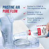 CPAP Distilled Water bottle next to a CPAP humidifier chamber with text reading Pristine Air, Pure Flow — bottled in a CGMP and FDA-registered facility, extends CPAP and humidifier lifespan, and prevents buildup in CPAP, BiPAP, and humidifiers.