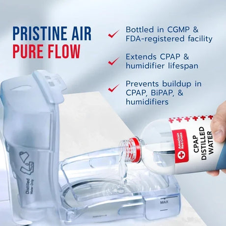 CPAP Distilled Water bottle next to a CPAP humidifier chamber with text reading Pristine Air, Pure Flow — bottled in a CGMP and FDA-registered facility, extends CPAP and humidifier lifespan, and prevents buildup in CPAP, BiPAP, and humidifiers.