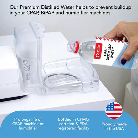 CPAP Distilled Water being poured into a CPAP humidifier chamber, with text noting it helps prevent buildup in CPAP, BiPAP, and humidifier machines and is bottled in a CPMG-certified, FDA-registered U.S. facility.