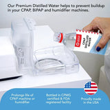 CPAP Distilled Water being poured into a CPAP humidifier chamber, with text noting it helps prevent buildup in CPAP, BiPAP, and humidifier machines and is bottled in a CPMG-certified, FDA-registered U.S. facility.