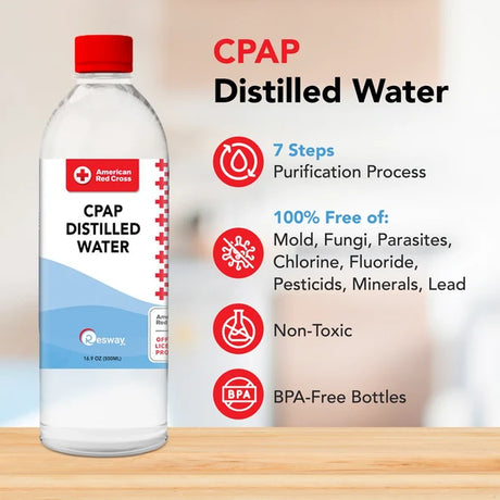 Resway CPAP Distilled Water bottle pouring into a CPAP humidifier chamber with text reading 7 Steps Purification Process, 100% free of mold, fungi, parasites, chlorine, fluoride, pesticides, minerals, and lead. Photo shows Resway’s 16.9 oz bottle; Traveling Bags sells the 12 oz size shown on this listing.