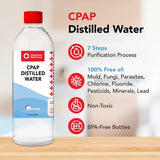 Resway CPAP Distilled Water bottle pouring into a CPAP humidifier chamber with text reading 7 Steps Purification Process, 100% free of mold, fungi, parasites, chlorine, fluoride, pesticides, minerals, and lead. Photo shows Resway’s 16.9 oz bottle; Traveling Bags sells the 12 oz size shown on this listing.