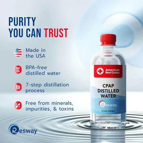Resway CPAP Distilled Water 12 oz (355 mL) bottle with text reading Purity You Can Trust — made in the USA, BPA-free, 7-step distillation process, free from minerals, impurities, and toxins.