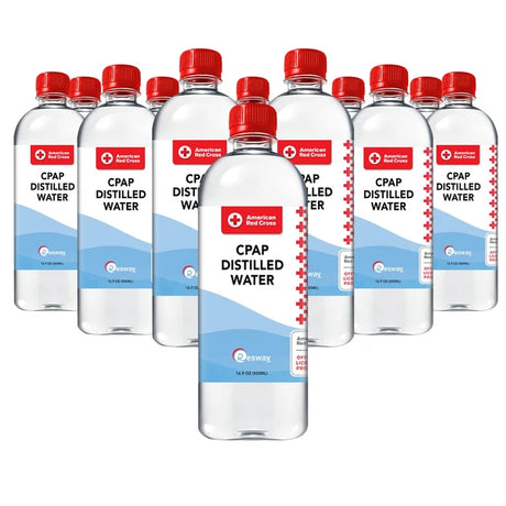 Nine Resway CPAP Distilled Water bottles arranged in a pyramid, available at Traveling Bags in single, 6-pack, and 12-pack quantities. Photo shows Resway’s 16.9 oz bottle; Traveling Bags sells the 12 oz size shown on this listing.