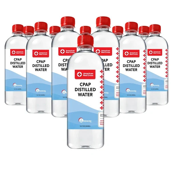 Nine Resway CPAP Distilled Water bottles arranged in a pyramid, available at Traveling Bags in single, 6-pack, and 12-pack quantities. Photo shows Resway’s 16.9 oz bottle; Traveling Bags sells the 12 oz size shown on this listing.