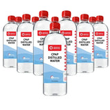 Nine Resway CPAP Distilled Water bottles arranged in a pyramid, available at Traveling Bags in single, 6-pack, and 12-pack quantities. Photo shows Resway’s 16.9 oz bottle; Traveling Bags sells the 12 oz size shown on this listing.