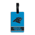 Carolina Panthers NFL PVC luggage bag tag - Carolina blue tag with the black panther head logo, CAROLINA PANTHERS on a black banner with silver stripes, and a black strap, on a white background