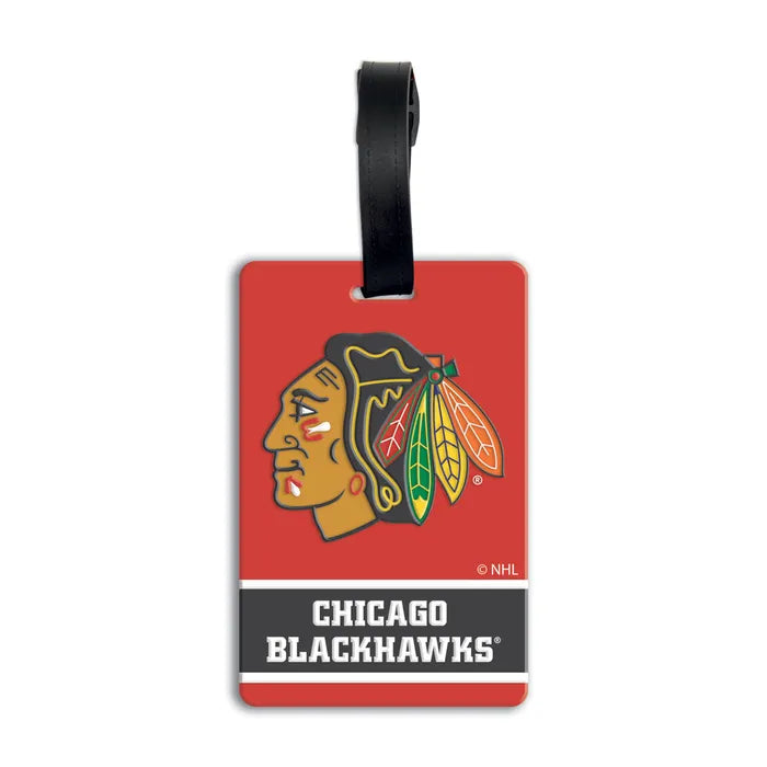 Chicago Blackhawks NHL PVC luggage bag tag - red tag with the Blackhawks head logo, CHICAGO BLACKHAWKS on a dark gray banner, and a black strap, on a white background