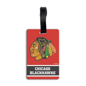 Chicago Blackhawks NHL PVC luggage bag tag - red tag with the Blackhawks head logo, CHICAGO BLACKHAWKS on a dark gray banner, and a black strap, on a white background