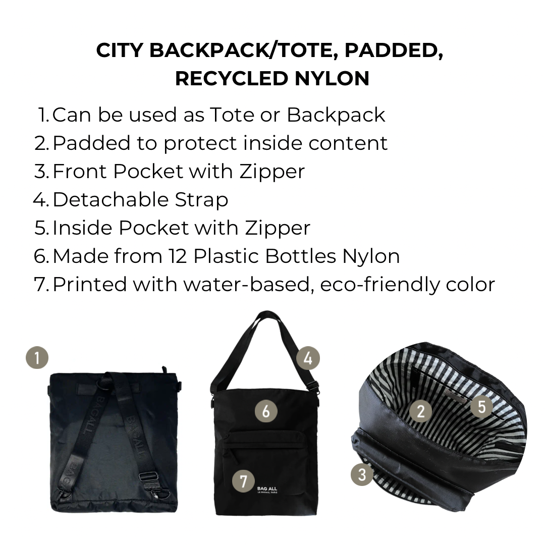 City Backpack/Tote, Padded, Recycled Nylon, Black