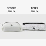 Before and after comparison: a TILLIV Compak Large bulging with clothing, then the same pack compressed flat