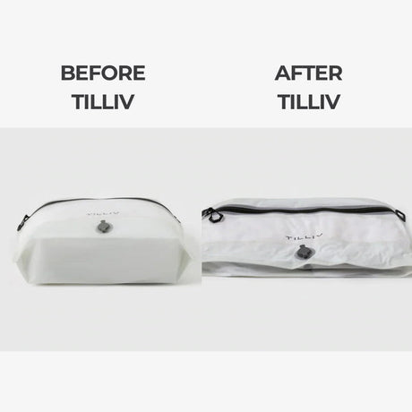 Before and after comparison: a TILLIV Compak pack bulging with clothing, then the same pack compressed flat