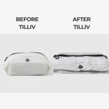 Before and after comparison: a TILLIV Compak pack bulging with clothing, then the same pack compressed flat