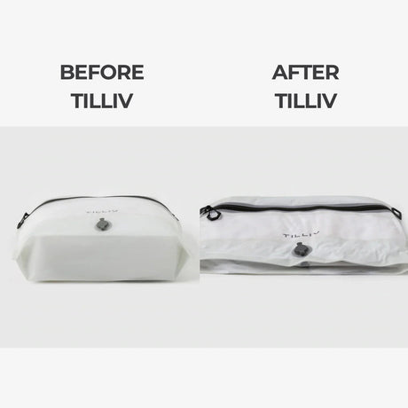 Before and after comparison: a TILLIV Compak pack bulging with clothing, then the same pack compressed flat