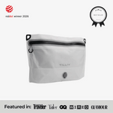 TILLIV Compak Medium in Digital White seen at an angle, carrying a Best Seller badge and a strip reading Featured in Conde Nast Traveler, Tatler, GQ, WIRED and GLAMOUR