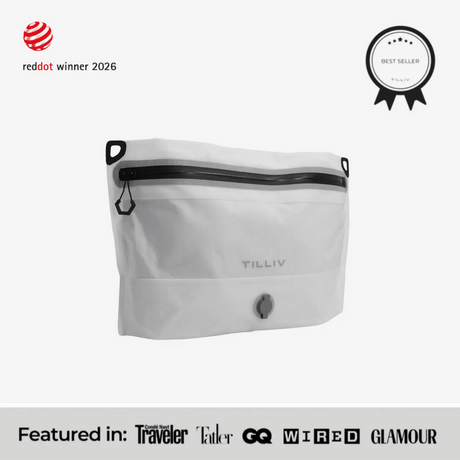 TILLIV Compak Medium in Digital White seen at an angle, carrying a Best Seller badge and a strip reading Featured in Conde Nast Traveler, Tatler, GQ, WIRED and GLAMOUR