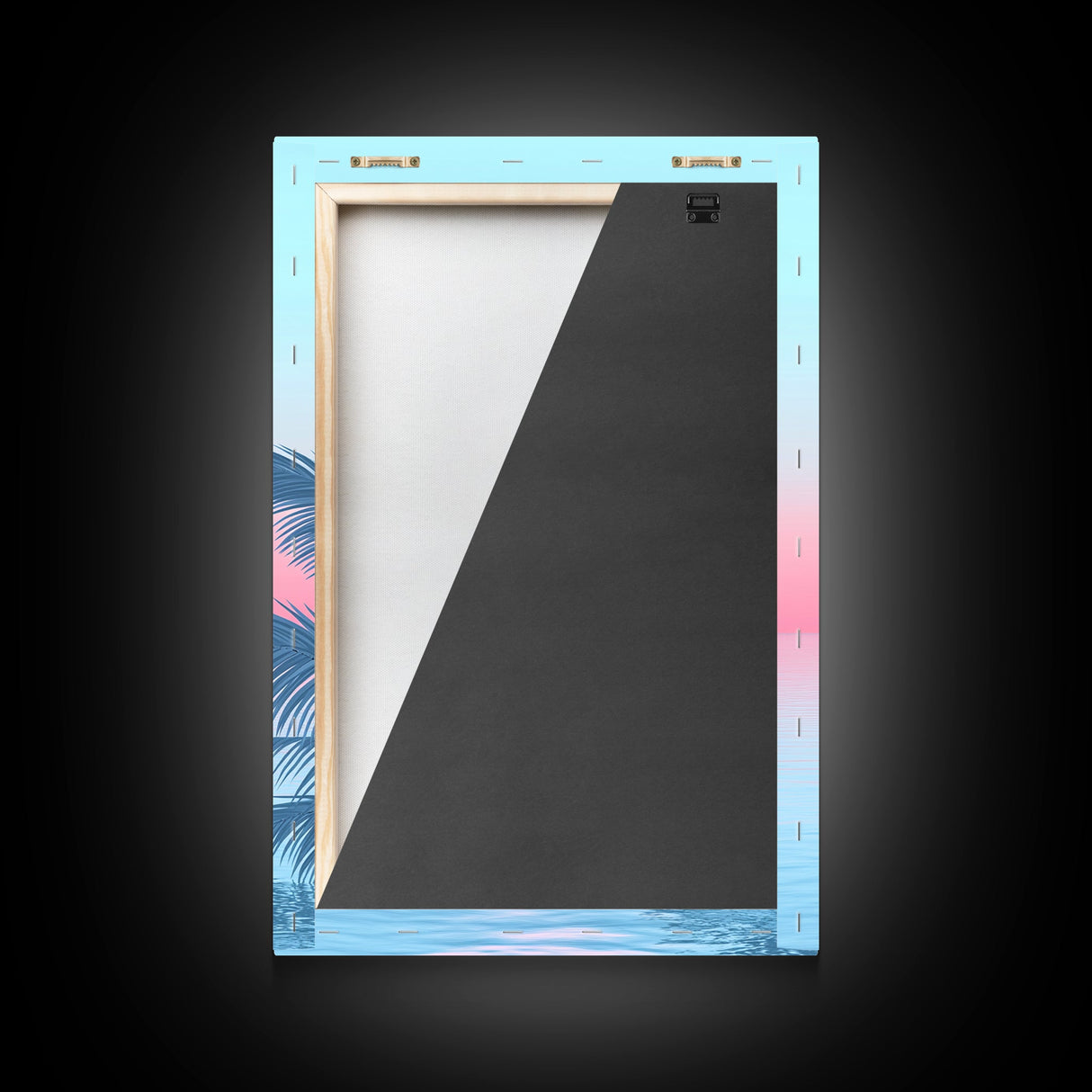 Vaporwave Sunset Framed Canvas Print with Wood Frame, Boho Style Minimalist Home Decor, Vertical Wall Art, Beach Painting