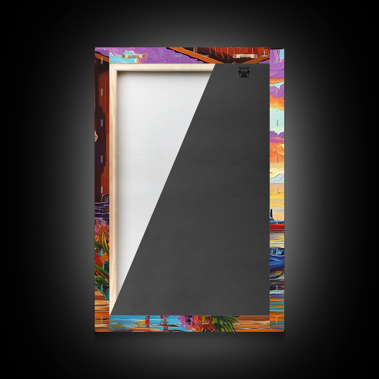 Tropical Sunset, House, Dock, Framed Canvas Print vibrant coastal house wall art, beach wall decor, sunset painting, tropical room decor