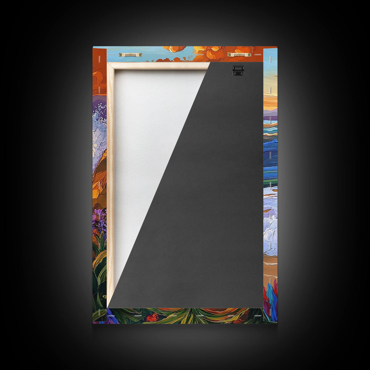 Wave Sunset, Ocean, Flowers, Canvas Print, Crashing sunset wave with tropical flowers, coastal bathroom and surf-themed wall decor
