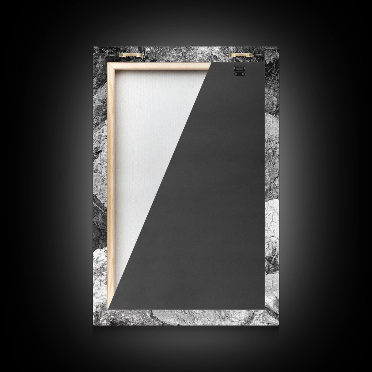 Reflective Rock Pool, Tranquil Nature, Monochrome Landscape, Black and White Framed Canvas Print, Minimalist Bathroom or Spa Wall Art