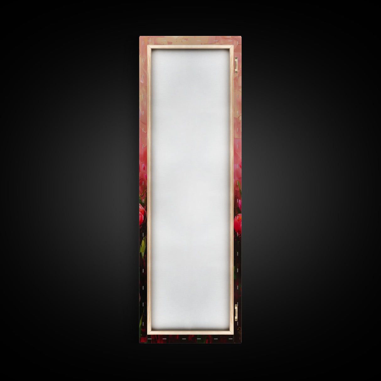 Vibrant Red Tulips in Bloom Against a Soft Pink Background on a Framed Canvas Print Skinny Art Piece