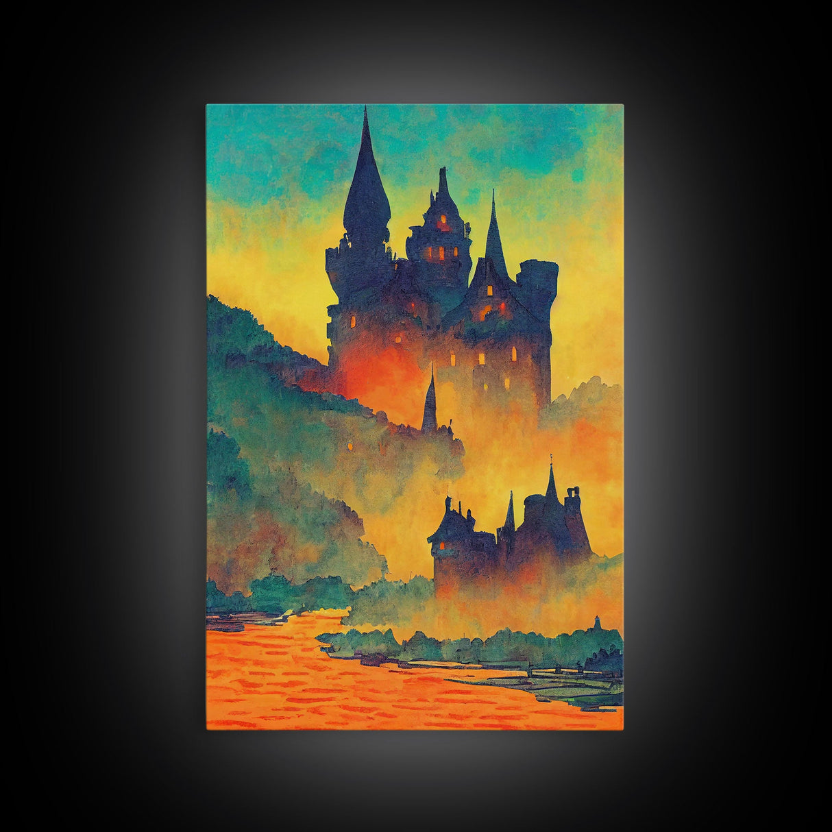 Watercolor Painting of A Transylvania Castle, Framed Canvas Print, Ready To Hang Framed Wall Art, Living Room Wall Hanging