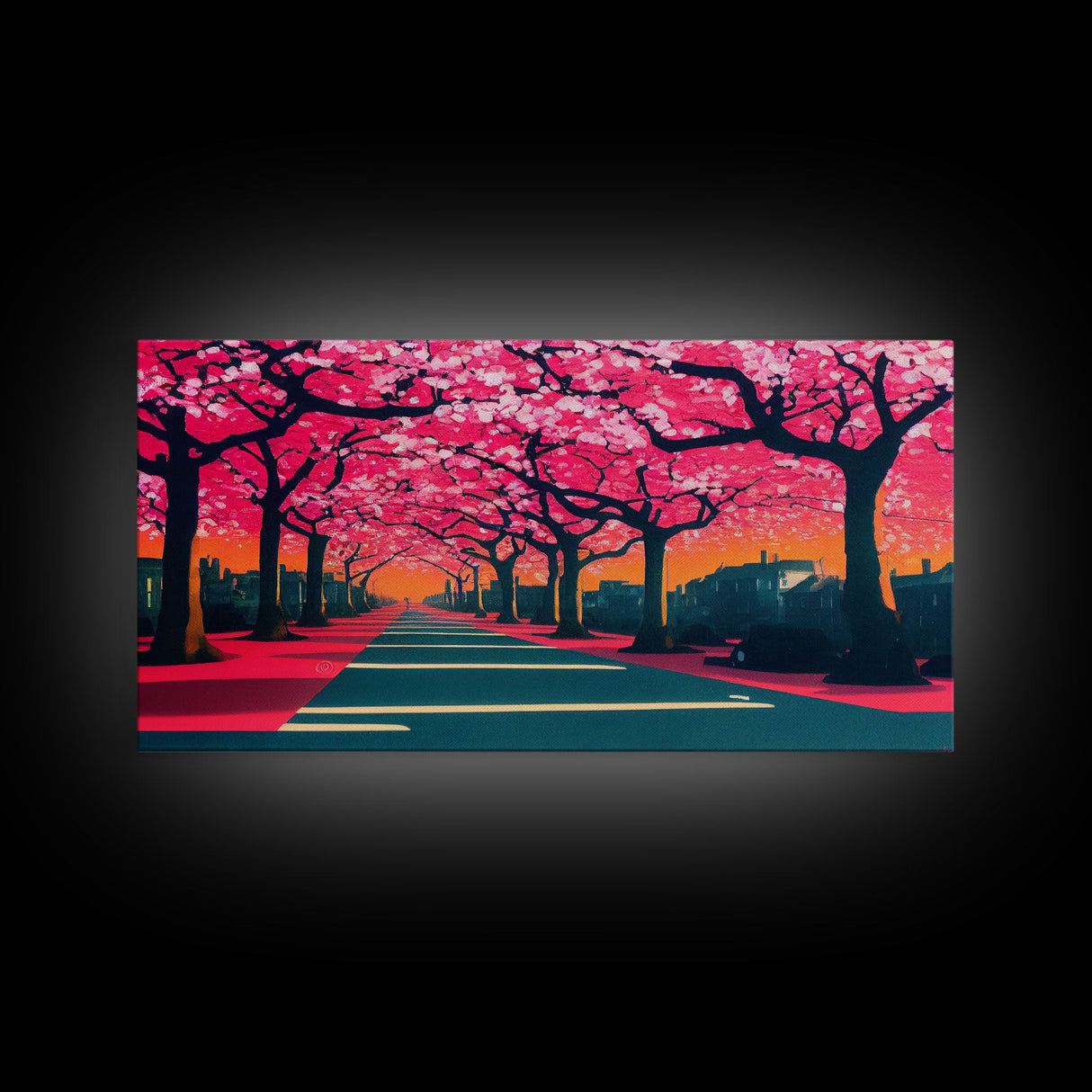 Street lined with Cherry Blossoms, Cherry Blossom Tree  Art, Framed Canvas Print, Ready To Hang Wall Art, Framed Wall Art