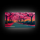 Street lined with Cherry Blossoms, Cherry Blossom Tree  Art, Framed Canvas Print, Ready To Hang Wall Art, Framed Wall Art